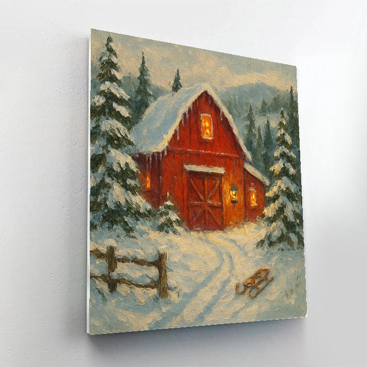 Red Barn Surrounded By Evergreens Winter Landscape Numbered painting kits