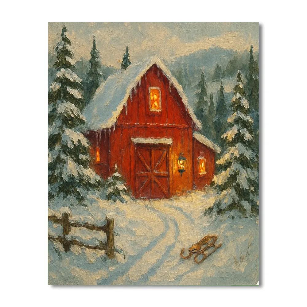 Red Barn Surrounded By Evergreens Winter Landscape Numbered painting kits