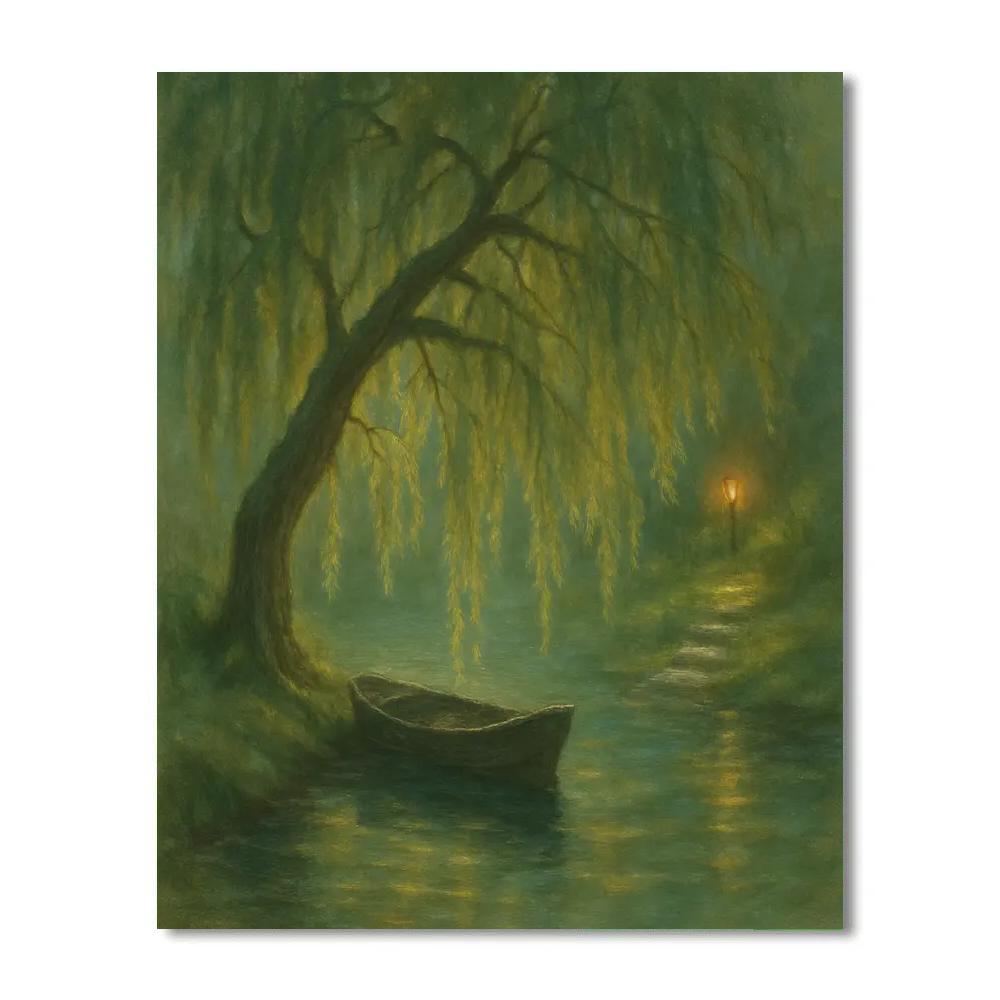 Willow And Rowboat Lake Number painting