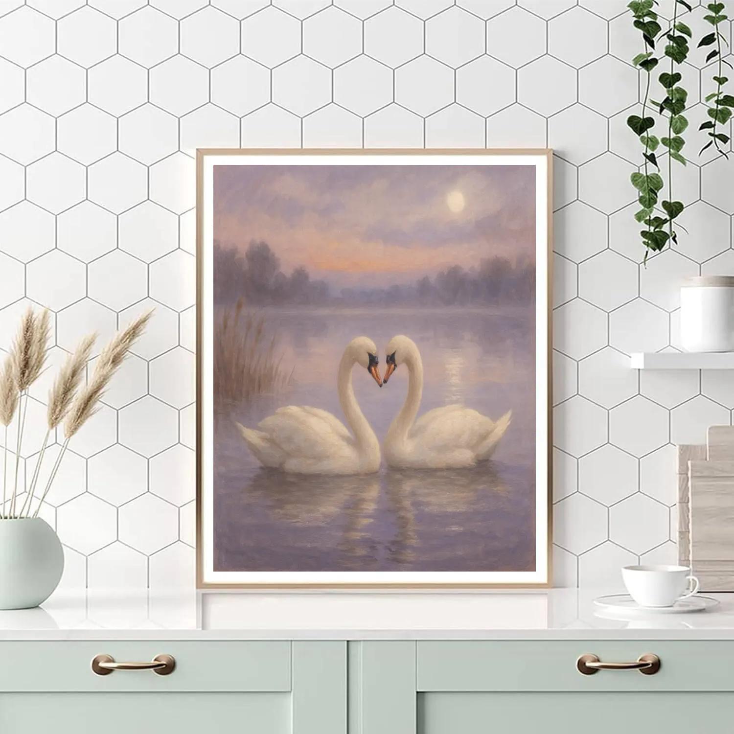 Misty Swan Lake Evening Number painting