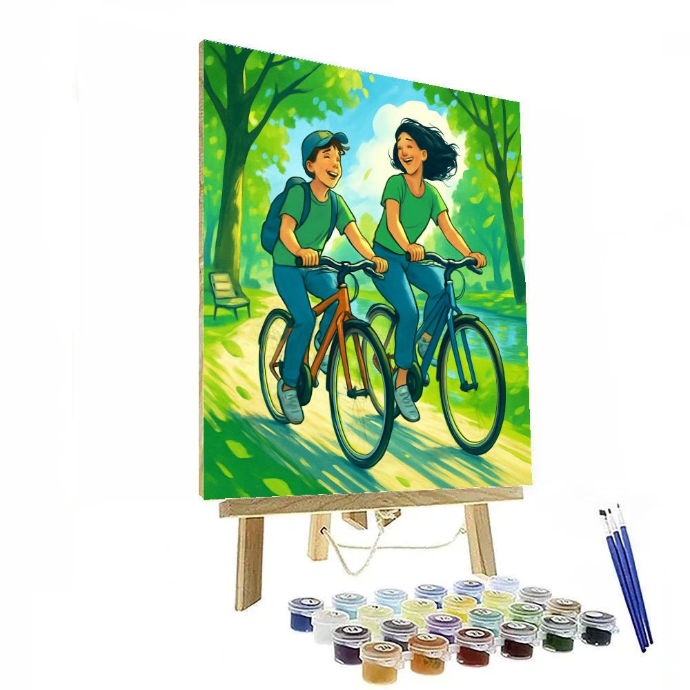Mom And Teen Bike Ride Through Park Paint by numbers kits