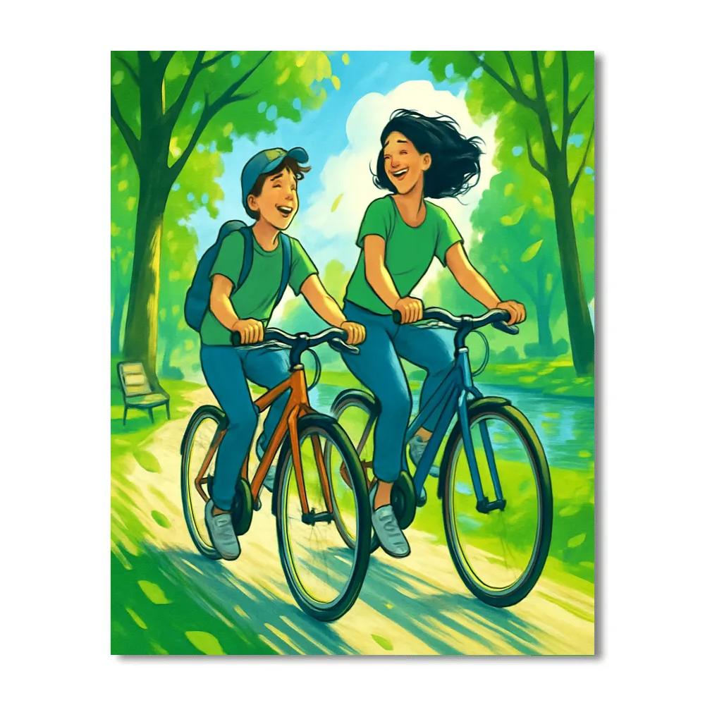 Mom And Teen Bike Ride Through Park Paint by numbers kits