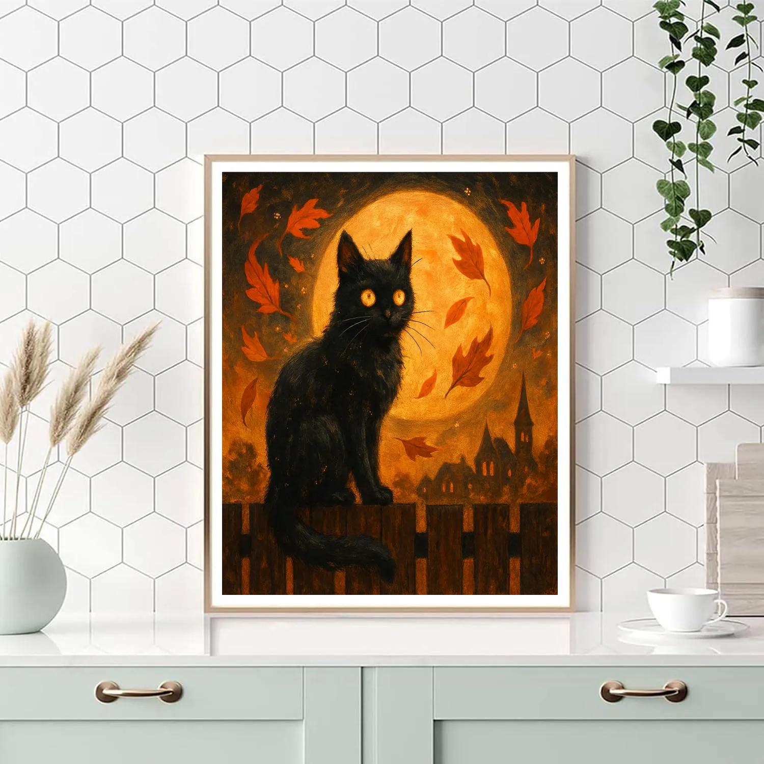 Moonlit Cat Keeping Watch Number painting