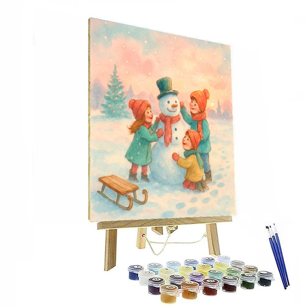 Children Building Snowman At Dawn painting number kit