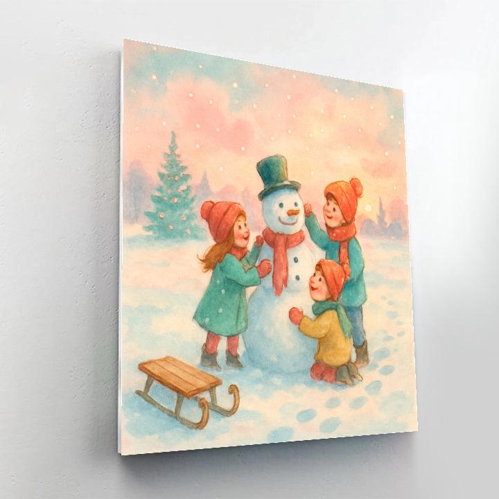 Children Building Snowman At Dawn painting number kit