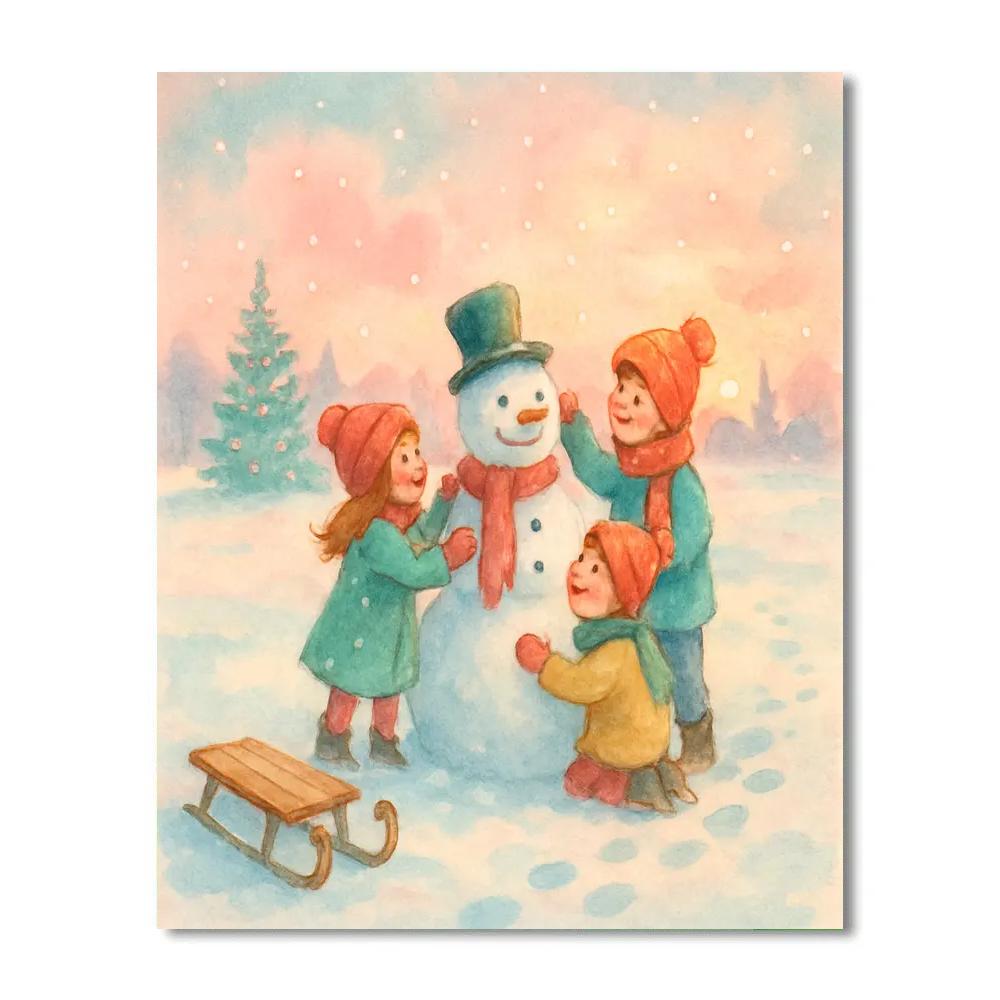 Children Building Snowman At Dawn painting number kit