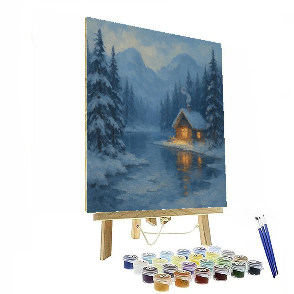 Snowbound Lake Cottage Scene Painting by numbers kit
