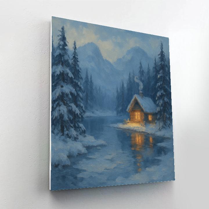 Snowbound Lake Cottage Scene Painting by numbers kit