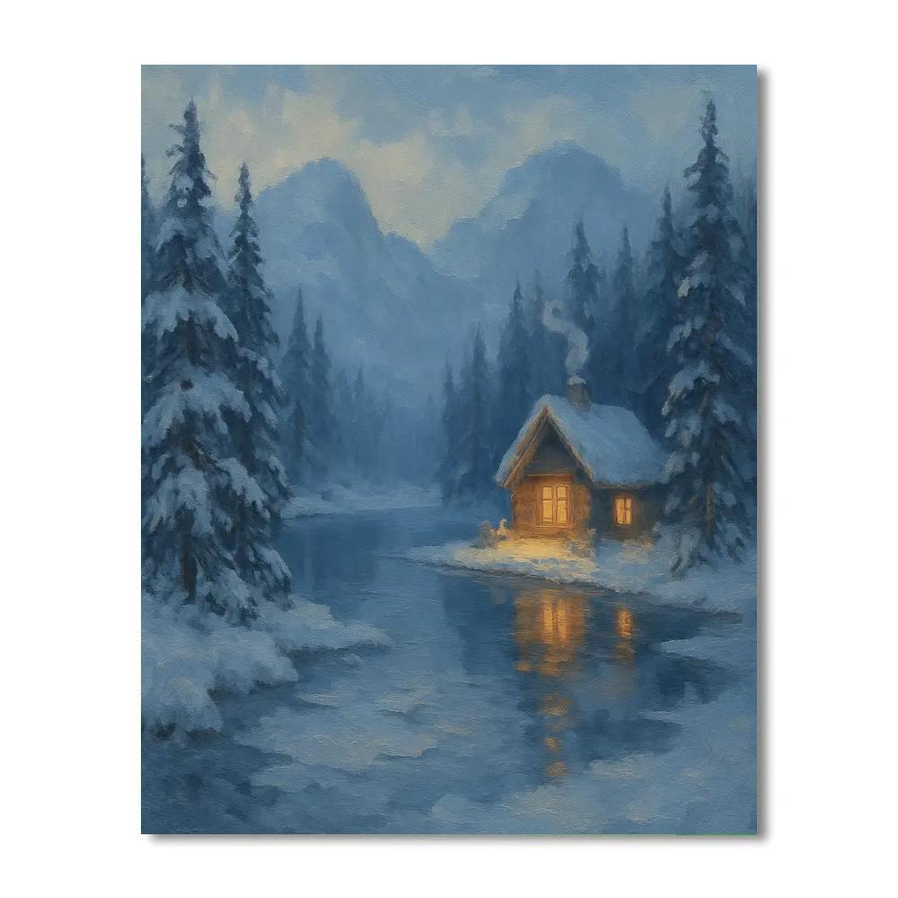 Snowbound Lake Cottage Scene Painting by numbers kit