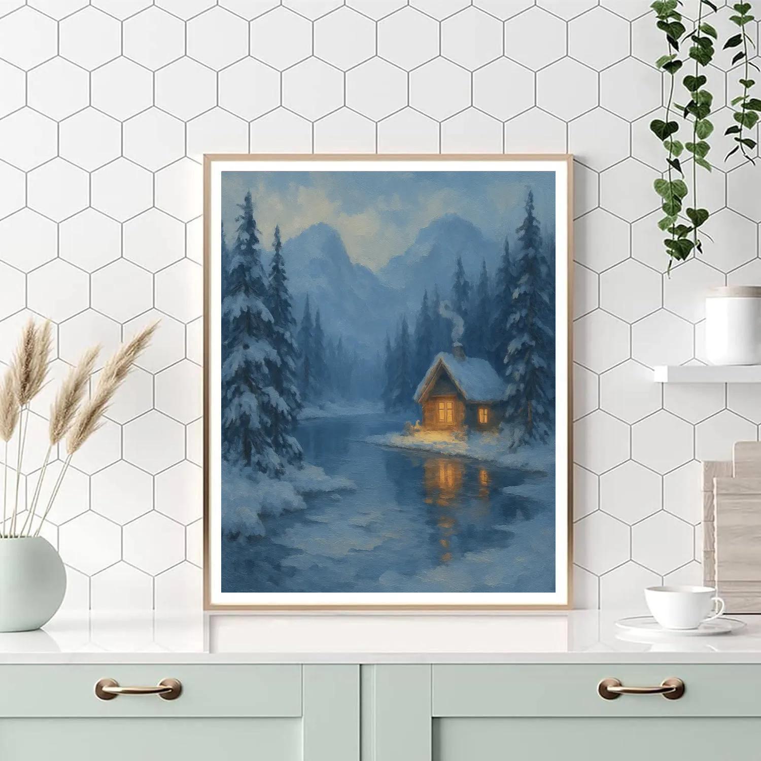 Snowbound Lake Cottage Scene Painting by numbers kit