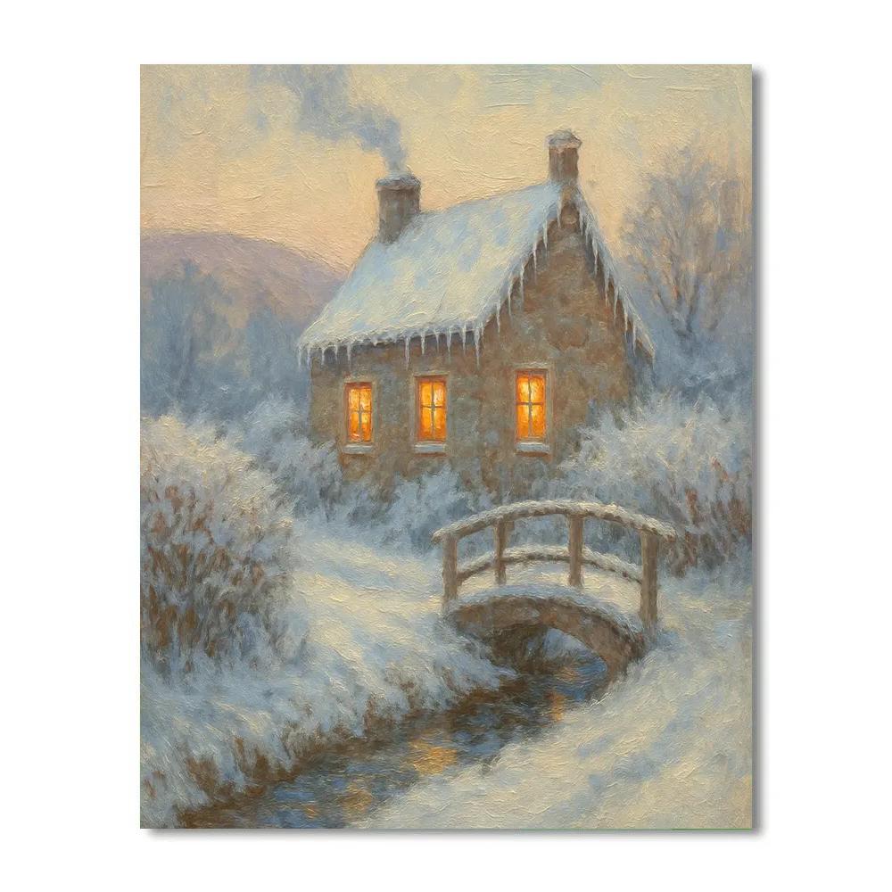 Cottage With Smoke Rising Winter Landscape Art Painting by numbers kit