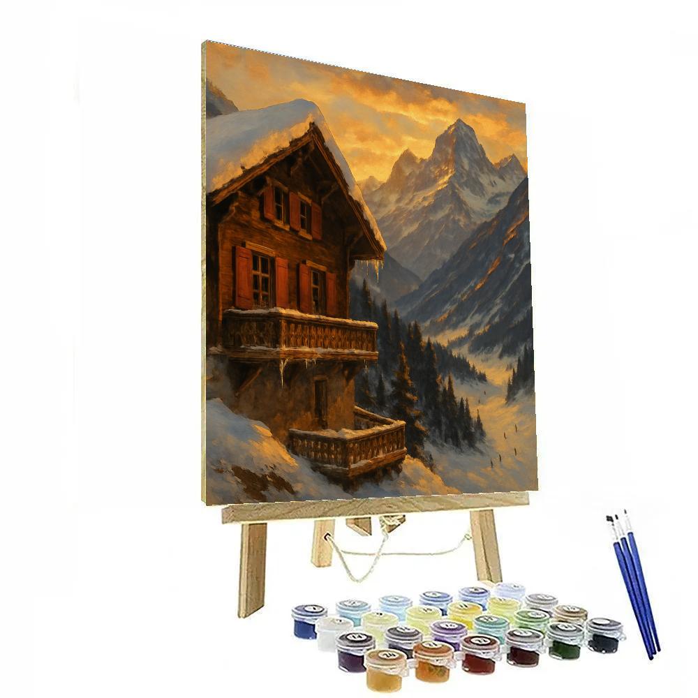 Mountain Chalet Golden Sunset Winter Landscape DIY paint by numbers