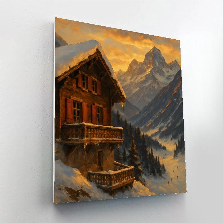 Mountain Chalet Golden Sunset Winter Landscape DIY paint by numbers