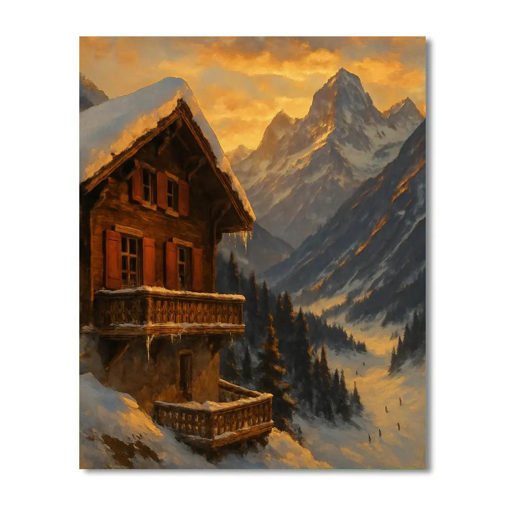 Mountain Chalet Golden Sunset Winter Landscape DIY paint by numbers