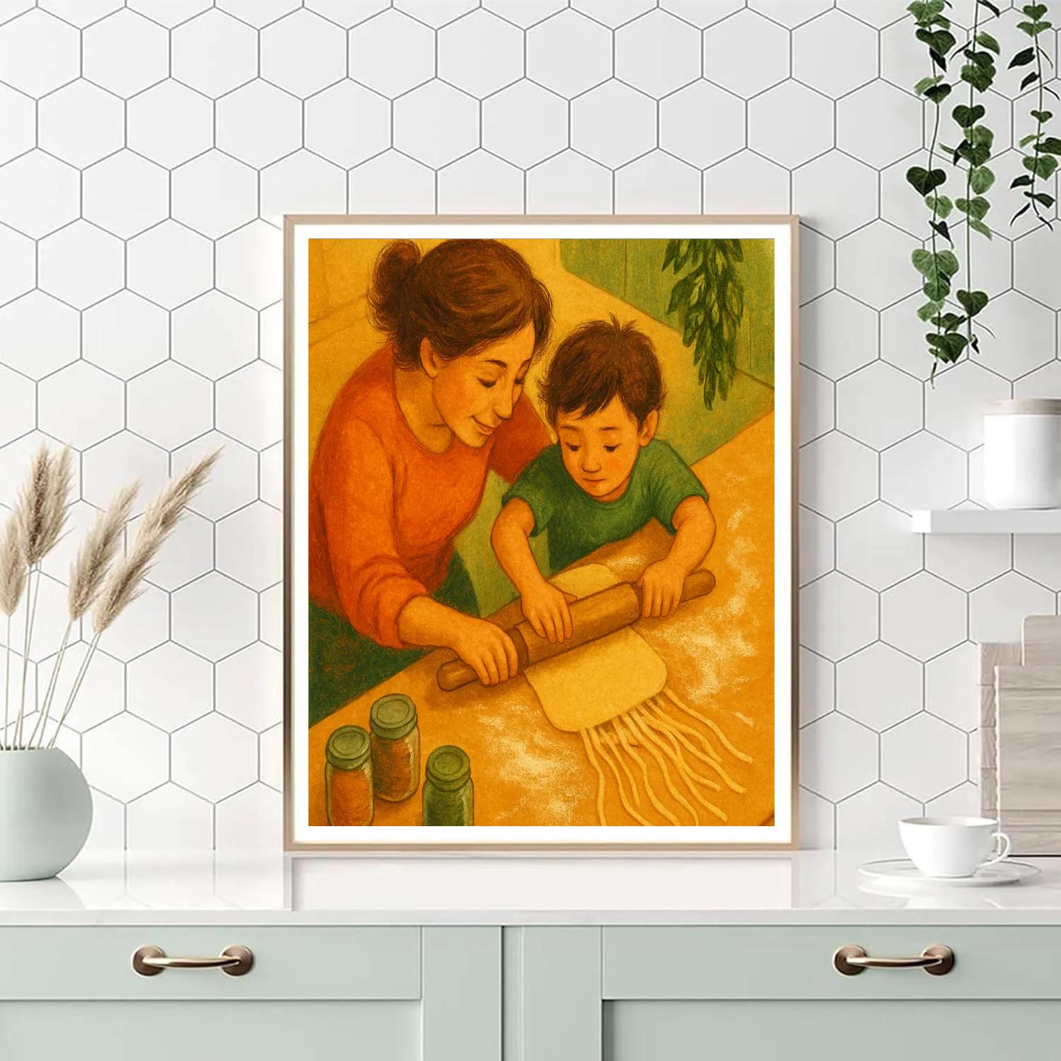Mother And Child Cooking Pasta Together Paint by numbers art