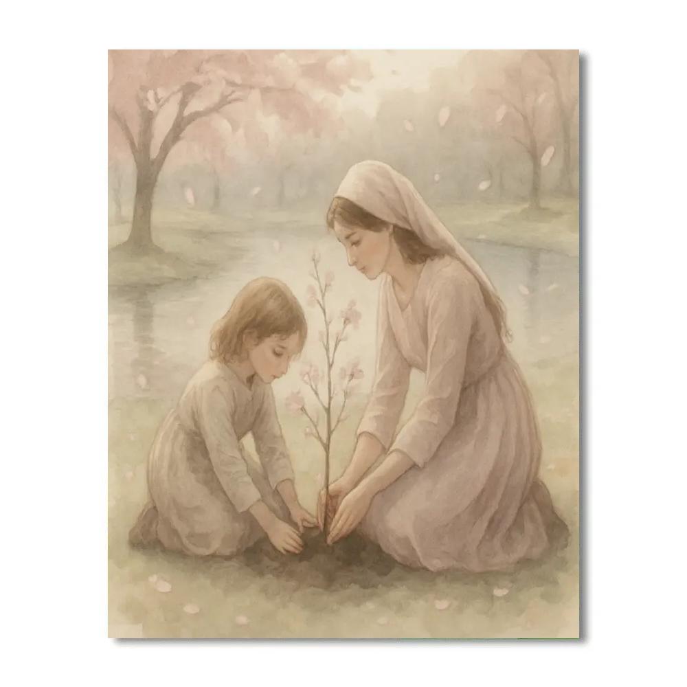 Mother And Child Planting Cherry Blossoms Paint by numbers kits