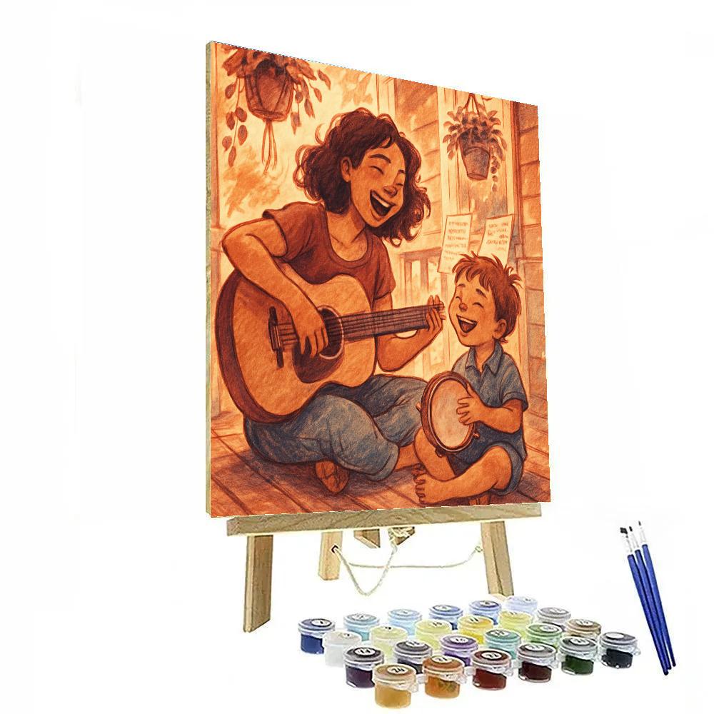 Mother And Child Making Music On Porch paint by color