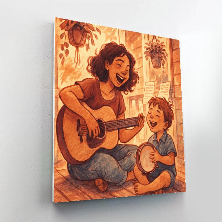 Mother And Child Making Music On Porch paint by color