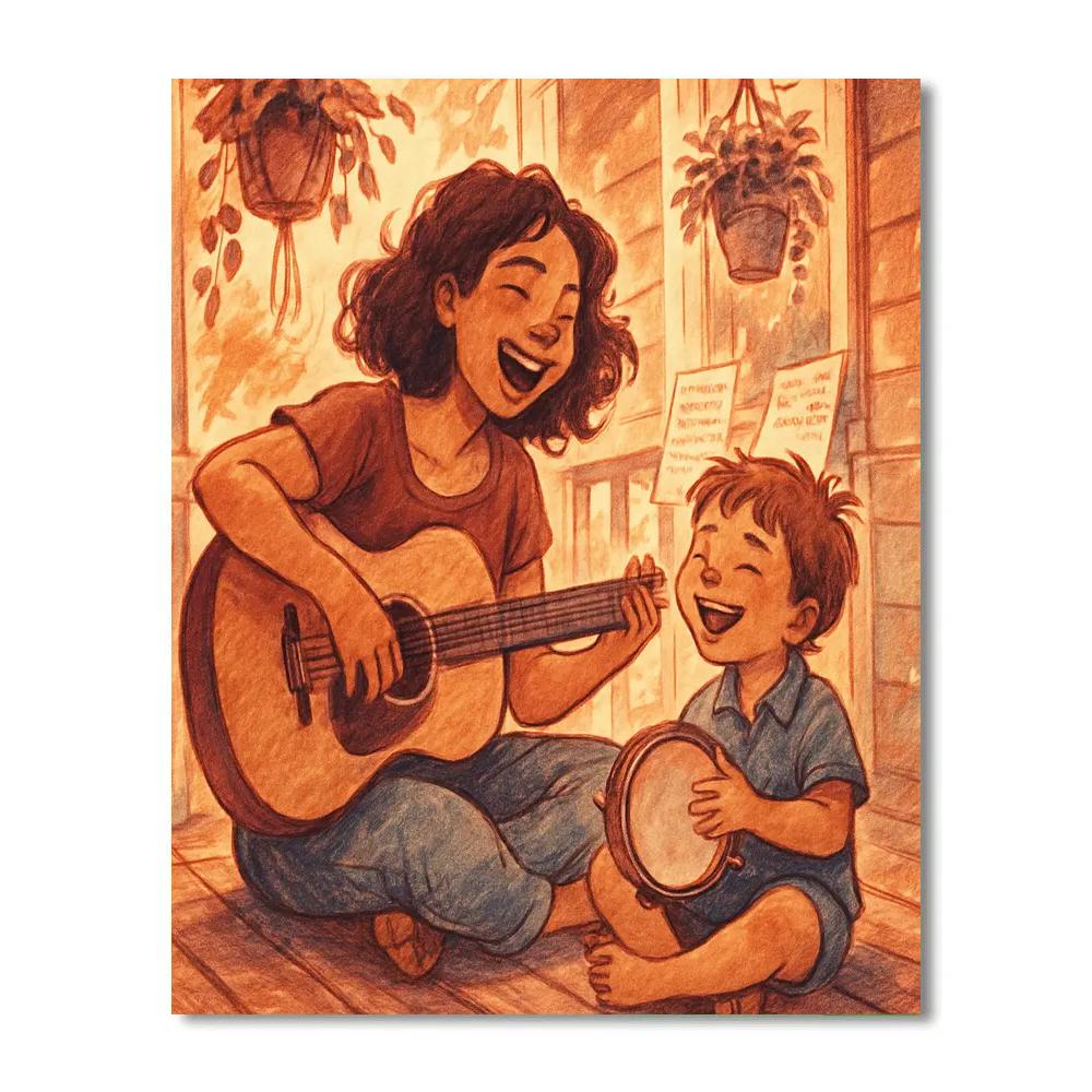 Mother And Child Making Music On Porch paint by color