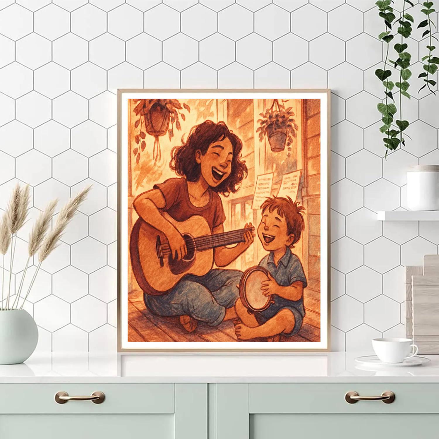 Mother And Child Making Music On Porch paint by color