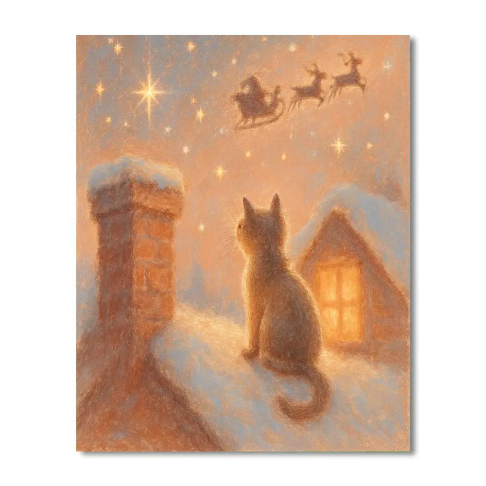 Snowy Rooftop Cat Watching Stars Paint by numbers art