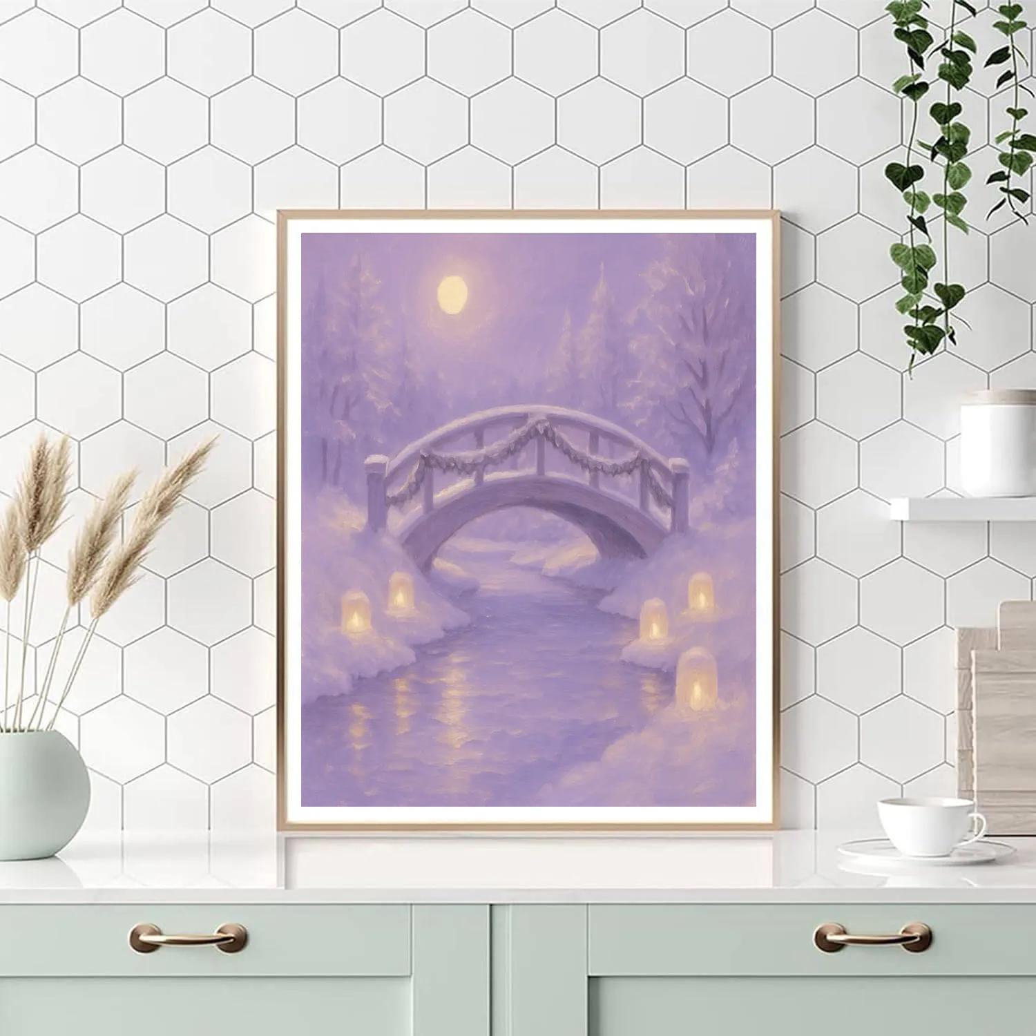 Snow Lantern Bridge At Twilight Number painting