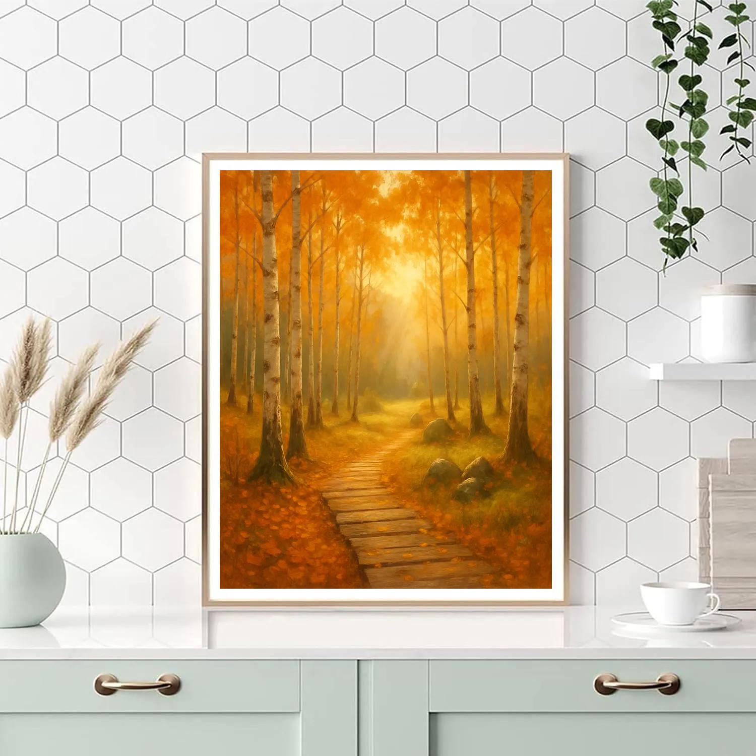 Golden Birch Morning Path Number painting