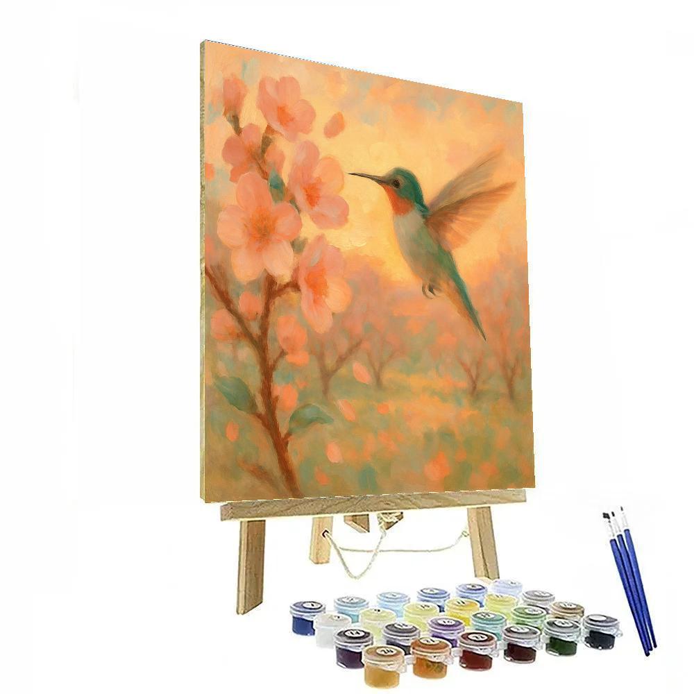 Hummingbird In The Peach Blossom Breeze paint by color