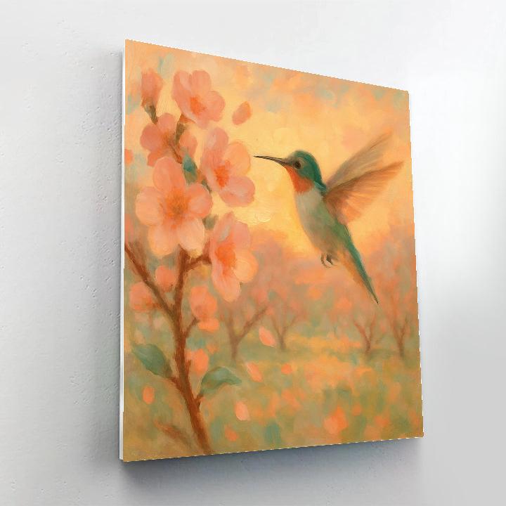 Hummingbird In The Peach Blossom Breeze paint by color