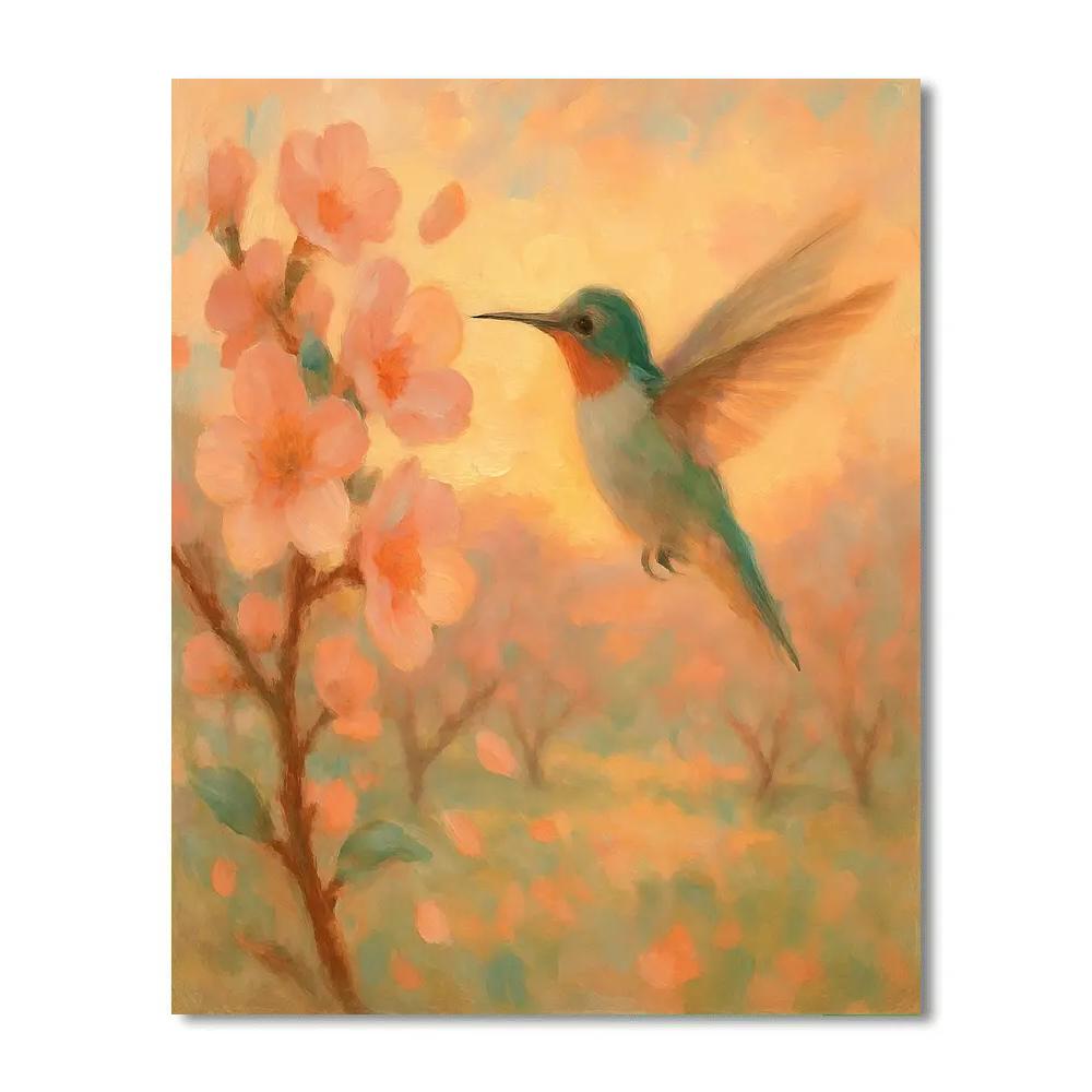 Hummingbird In The Peach Blossom Breeze paint by color