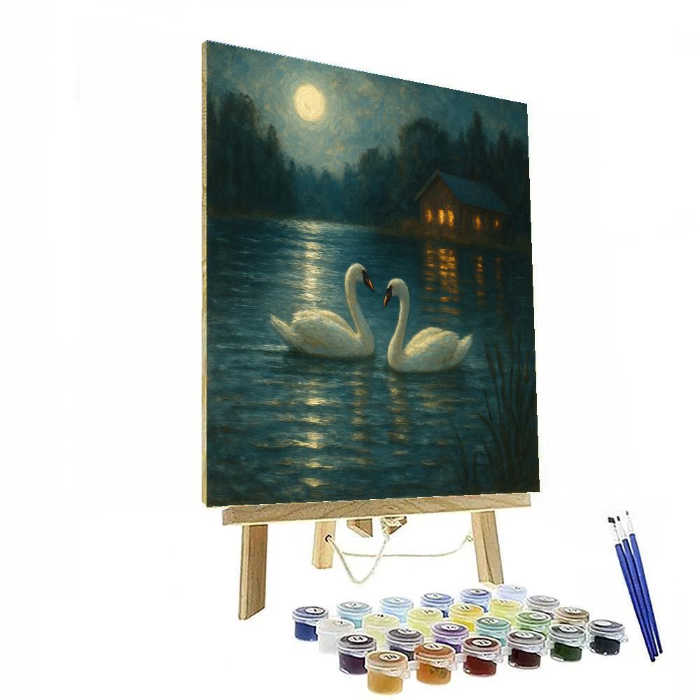 Quiet Moonlit Lake With Swans paint by number