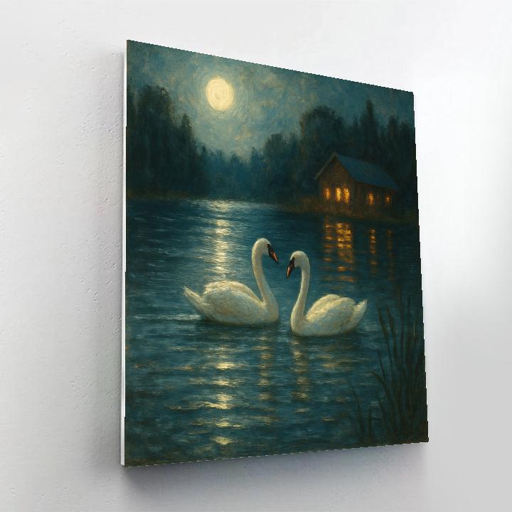 Quiet Moonlit Lake With Swans paint by number