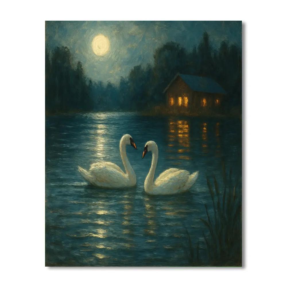 Quiet Moonlit Lake With Swans paint by number