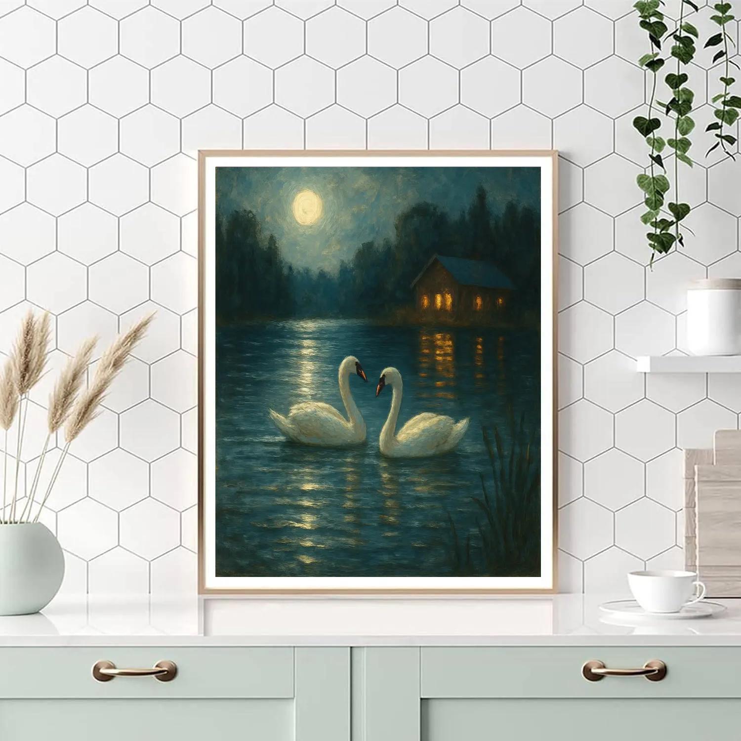 Quiet Moonlit Lake With Swans paint by number