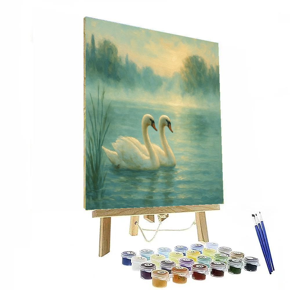 Swans Gliding Through Misty Lake Numbered painting kits