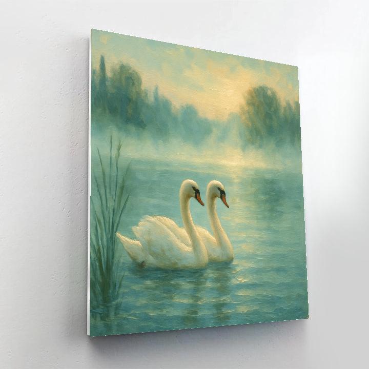 Swans Gliding Through Misty Lake Numbered painting kits