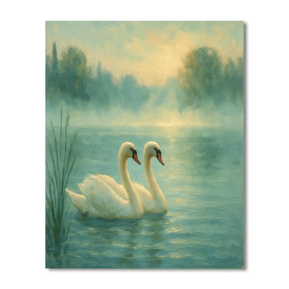 Swans Gliding Through Misty Lake Numbered painting kits