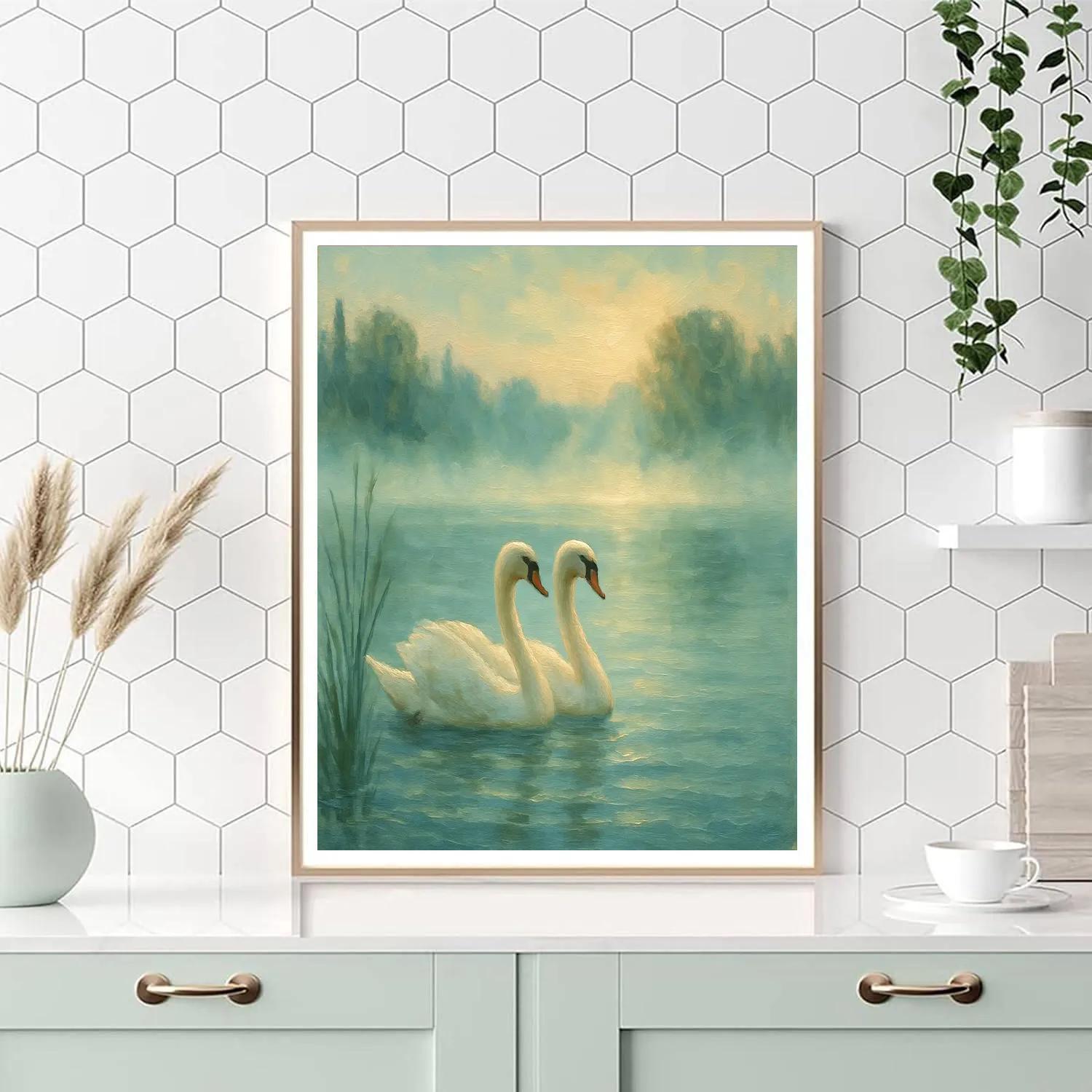 Swans Gliding Through Misty Lake Numbered painting kits