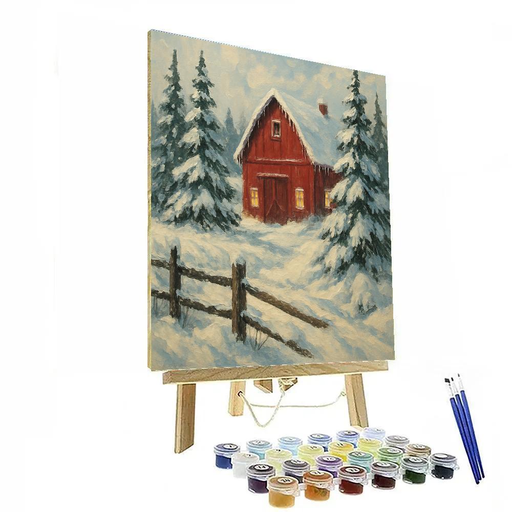 Red Barn Among Evergreens Number painting
