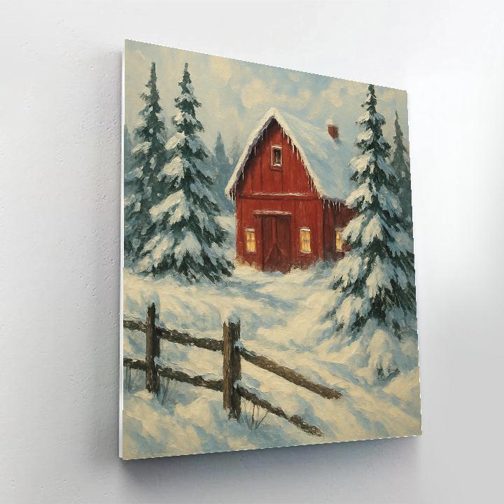 Red Barn Among Evergreens Number painting