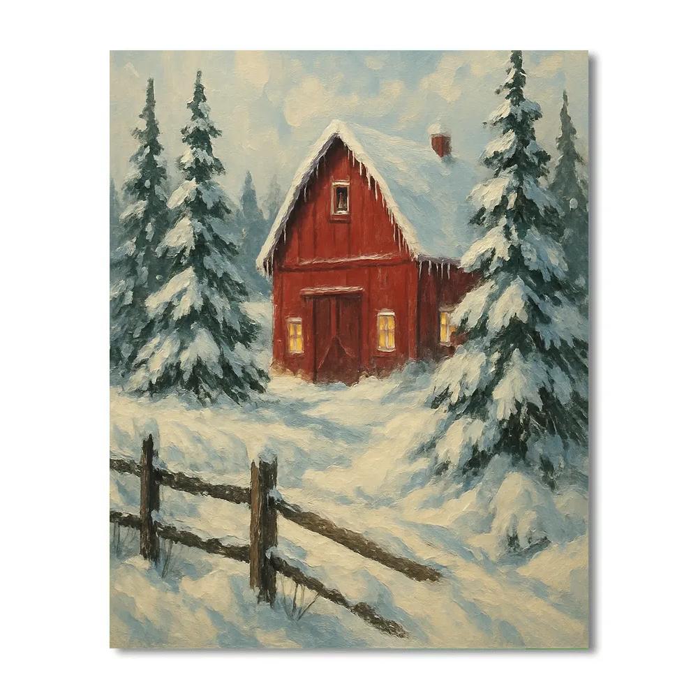 Red Barn Among Evergreens Number painting
