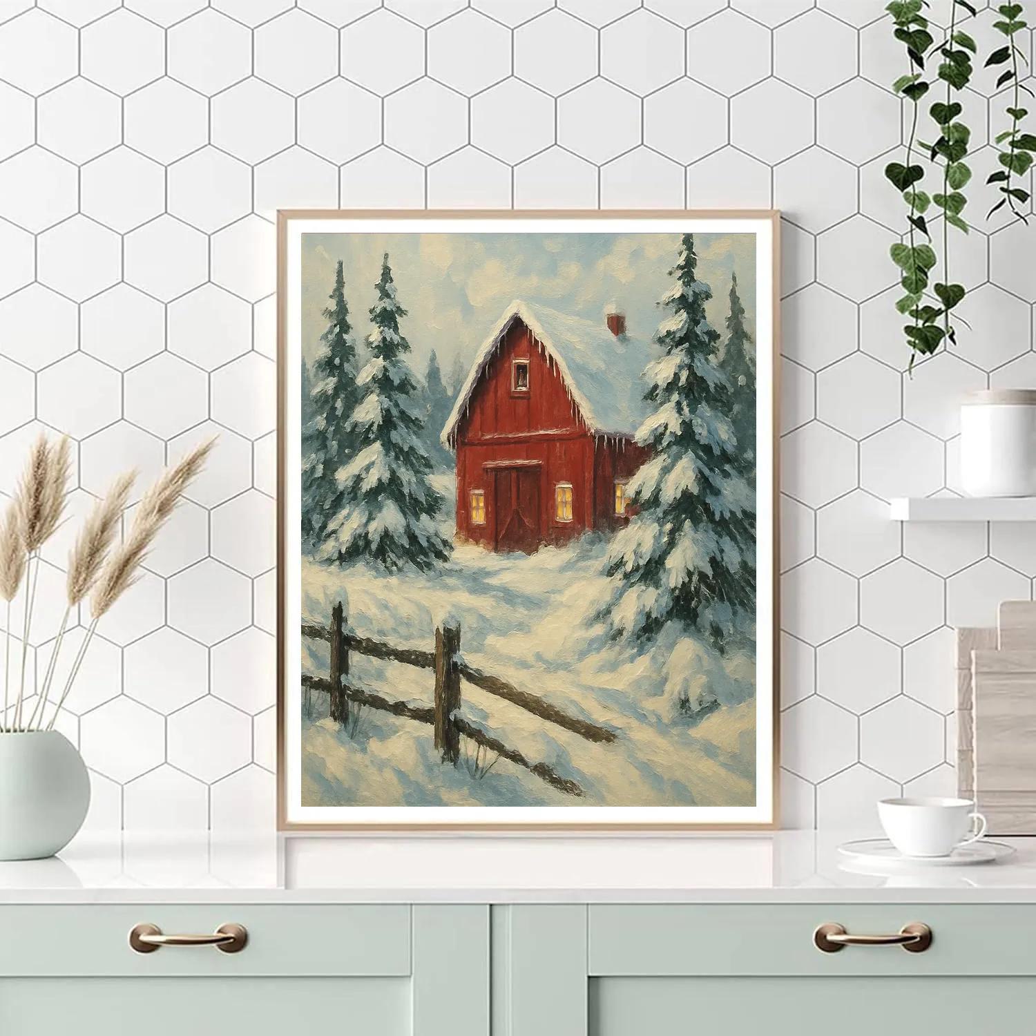 Red Barn Among Evergreens Number painting