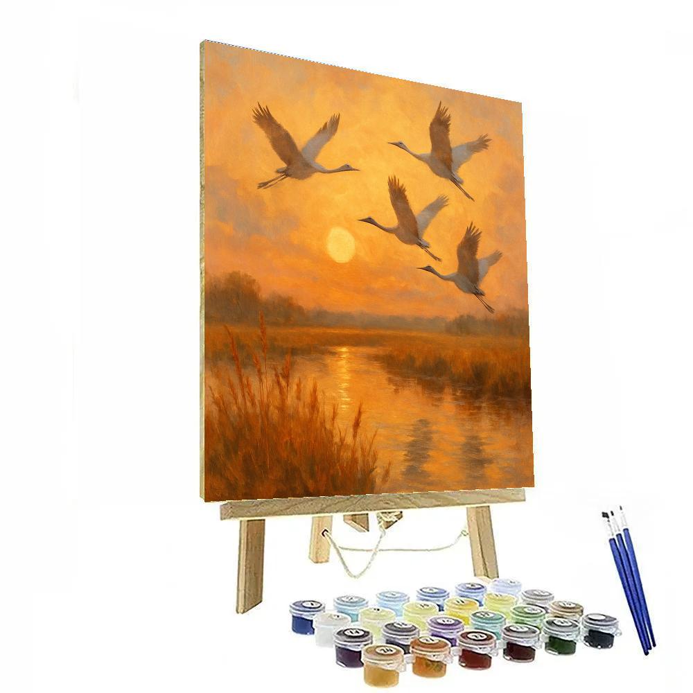 Evening Cranes Over Amber Marsh paint by number