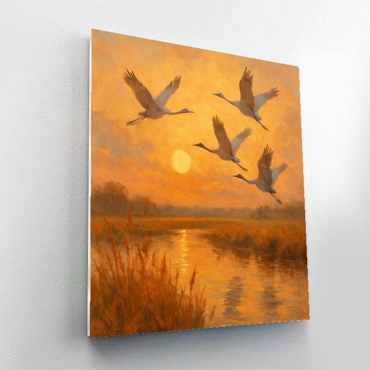 Evening Cranes Over Amber Marsh paint by number