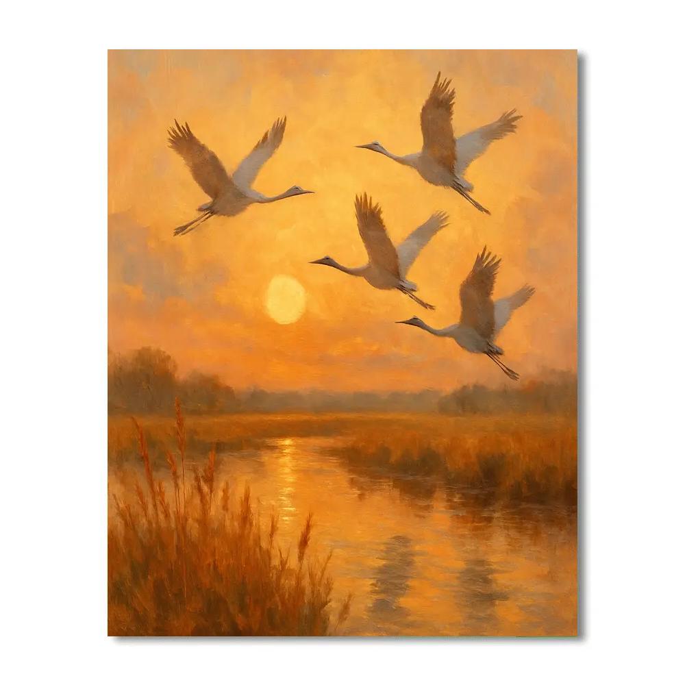 Evening Cranes Over Amber Marsh paint by number