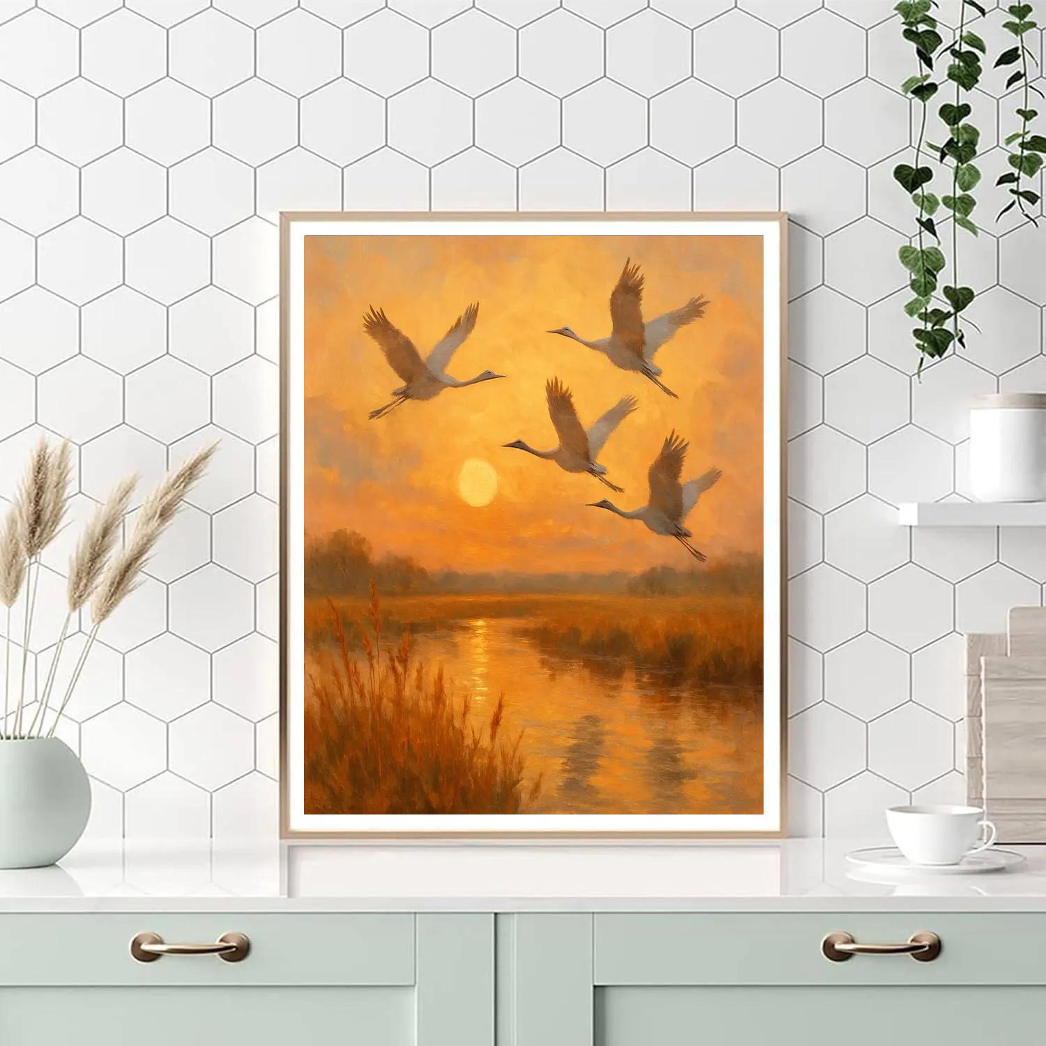 Evening Cranes Over Amber Marsh paint by number
