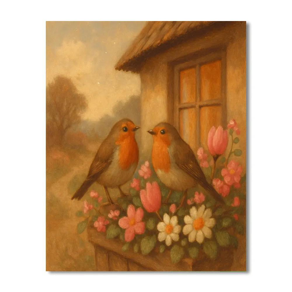 Robins In The Cottage Garden Window Paint by numbers art