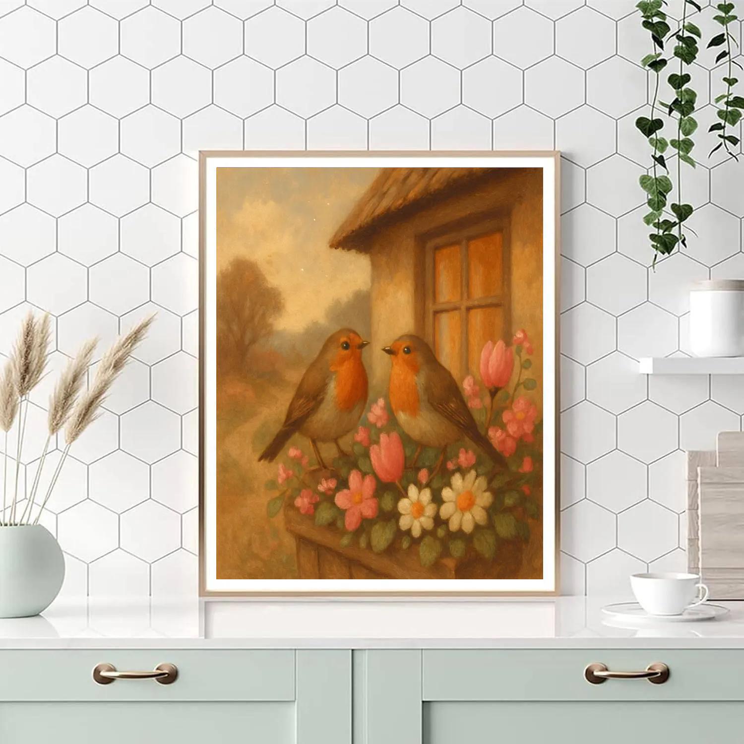 Robins In The Cottage Garden Window Paint by numbers art