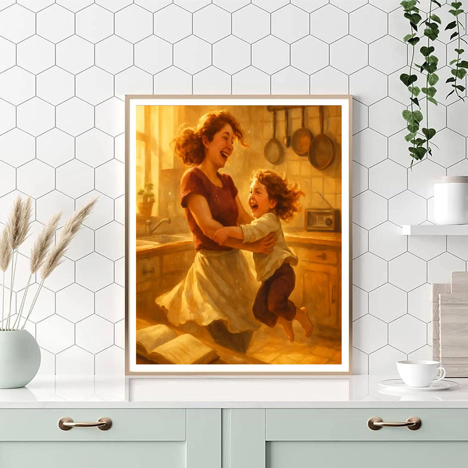 Mother And Child Dancing In The Kitchen paint by color