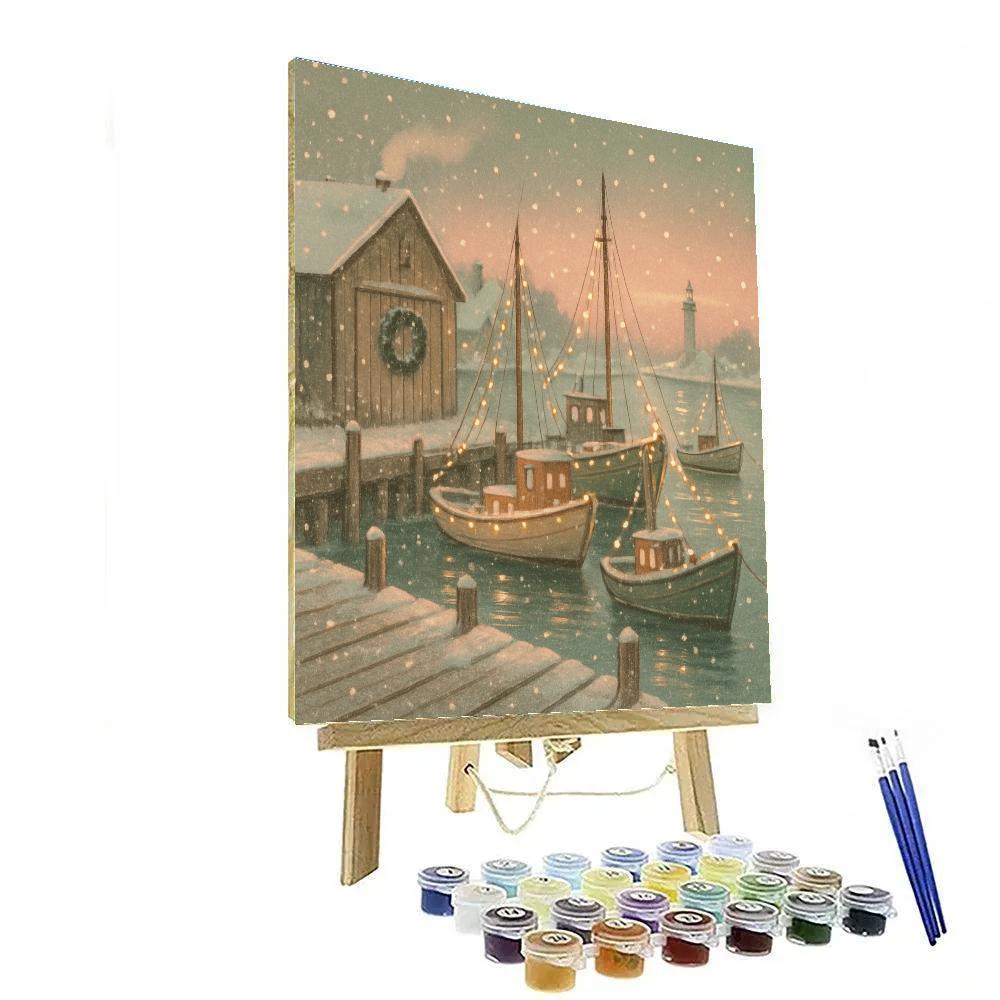 Peaceful Winter Harbor Holiday Lights Number painting